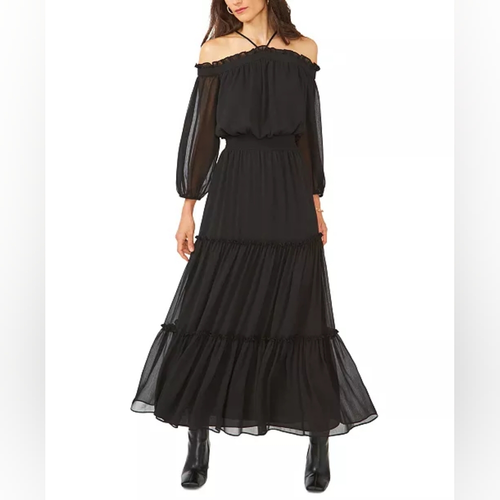 Black Long Sleeve Bishop Sleeve Off the Shoulder Sundress for Wedding Guest
